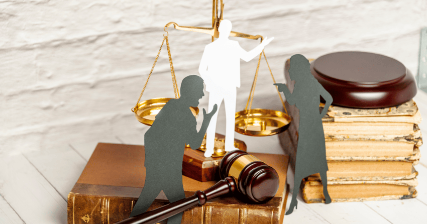 Paper cutouts of parents arguing with child in front of justice scales and gavel symbolizing child custody disputes in domestic violence divorce in California 