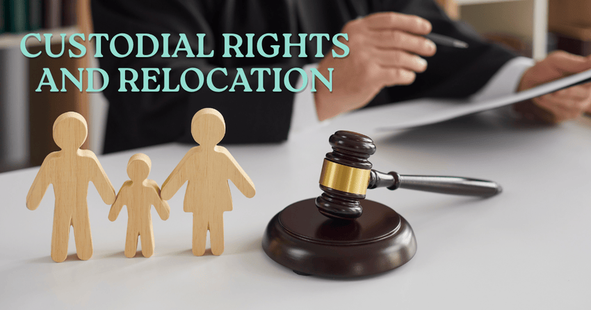 Child custody relocation in California showing custodial rights and legal implications with family figures and gavel
