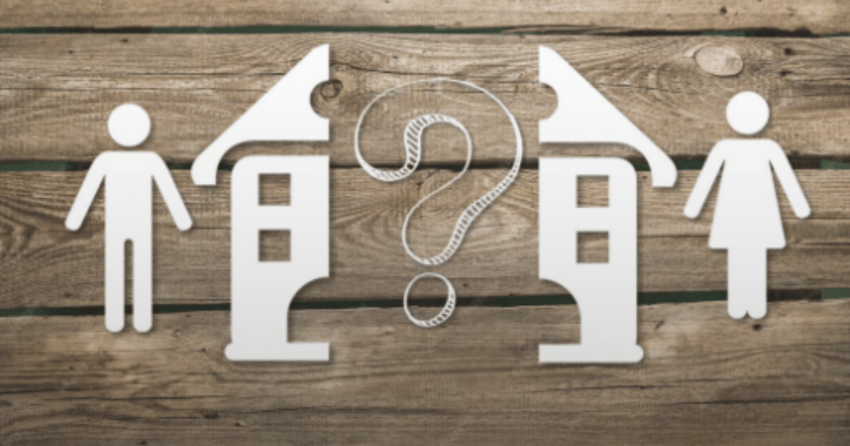 Illustration of man and woman with two houses and a question mark symbolizing property division in divorce