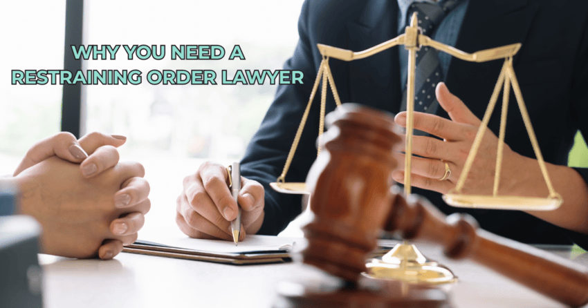 Lawyer consulting client with justice scales and gavel on desk representing restraining order cases in California