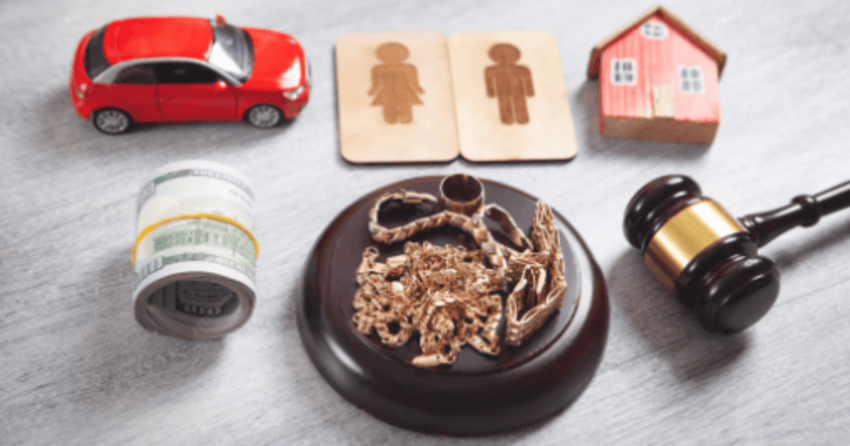 Car, money, jewelry, house, gavel, and male-female icons representing division of separate property in divorce