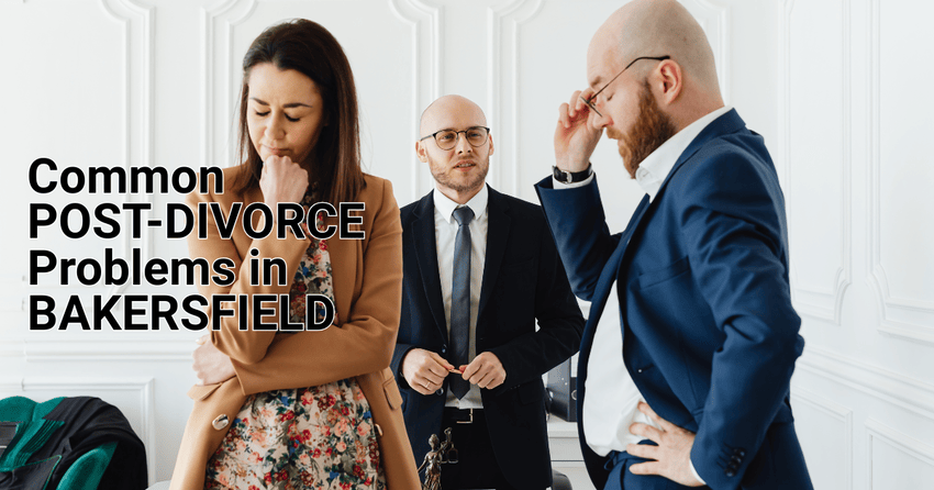 A man and a woman stressed about the arising issues after a divorce with a lawyer standing nearby. 